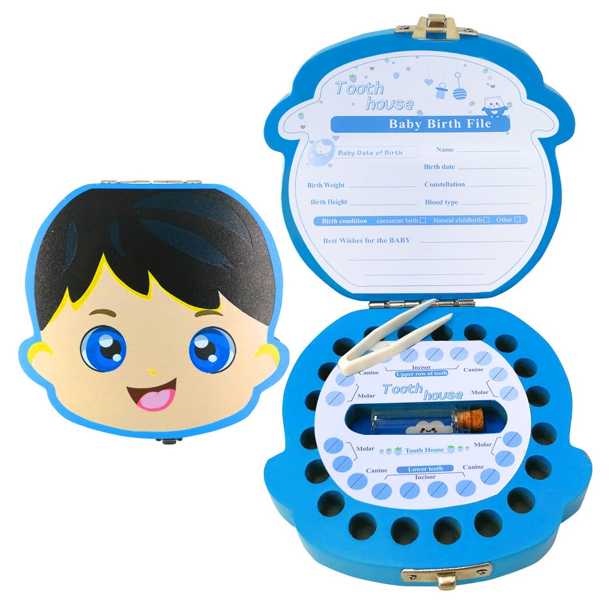 HASTHIP Baby Tooth Fairy Box, Wooden Baby Boy Tooth Keepsake Box Organizer, Child Tooth Storage Case Tooth Fairy Gift Box for Boys (Blue) HASTHIP Baby Tooth Fairy Box, Wooden Baby Boy Tooth Keepsake Box Organizer, Child Tooth Storage Case Tooth Fairy Gift Box for Boys (Blue)